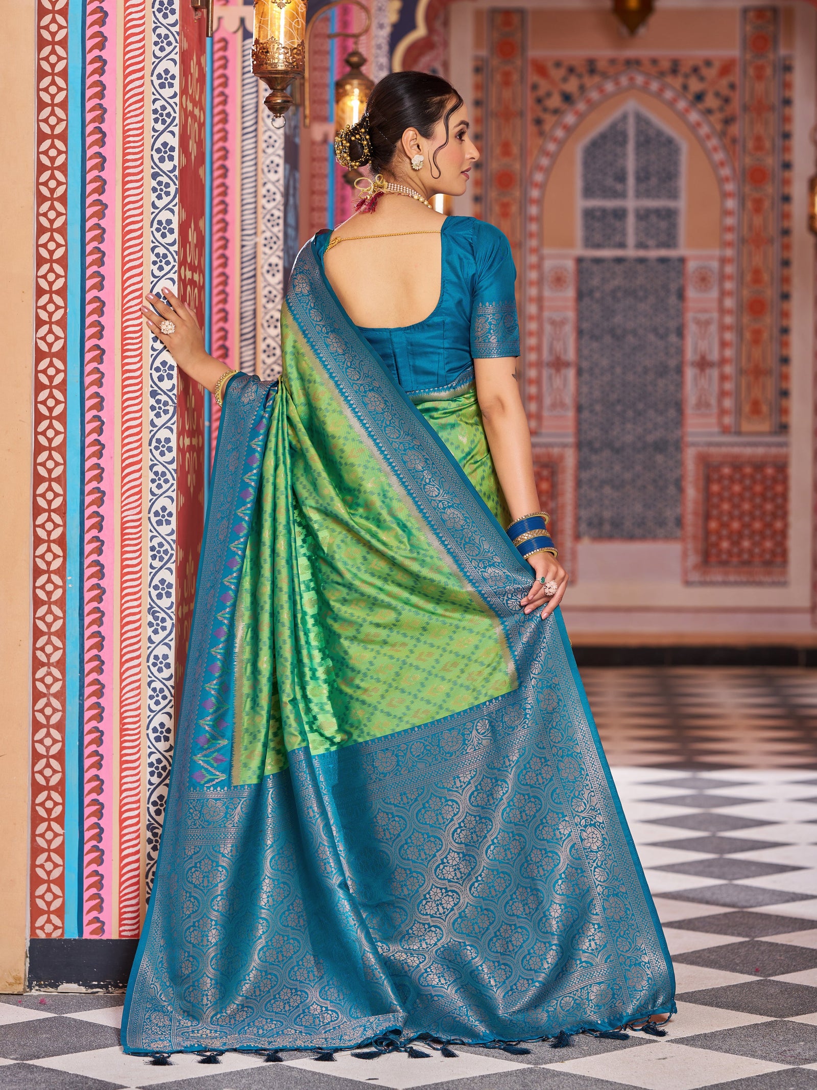 Pista Elegant Banarasi Tissue Silk Saree with Zari Woven Design ClothsVilla