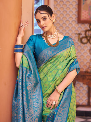 Pista Elegant Banarasi Tissue Silk Saree with Zari Woven Design ClothsVilla