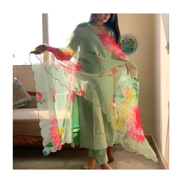 Pista Elegant Cotton Silk Suit Set with Floral Organza Dupatta