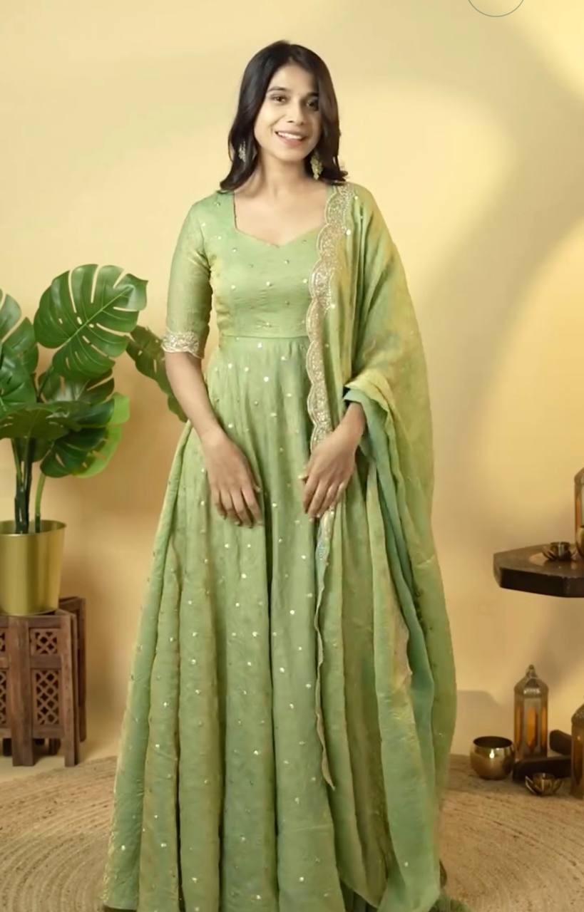 Pista Elegant Designer Party Wear Fancy Umbrella Gown Set with Dupatta & Bottom