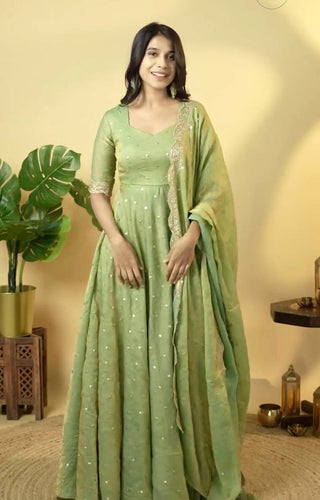 Pista Elegant Designer Party Wear Fancy Umbrella Gown Set with Dupatta & Bottom