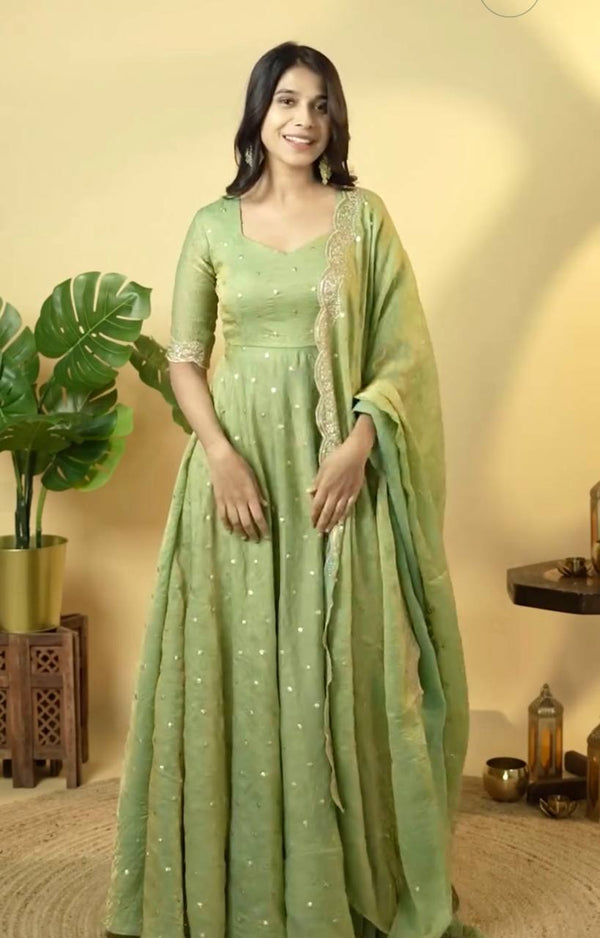 Pista Elegant Designer Party Wear Fancy Umbrella Gown Set with Dupatta & Bottom
