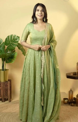 Pista Elegant Designer Party Wear Fancy Umbrella Gown Set with Dupatta & Bottom