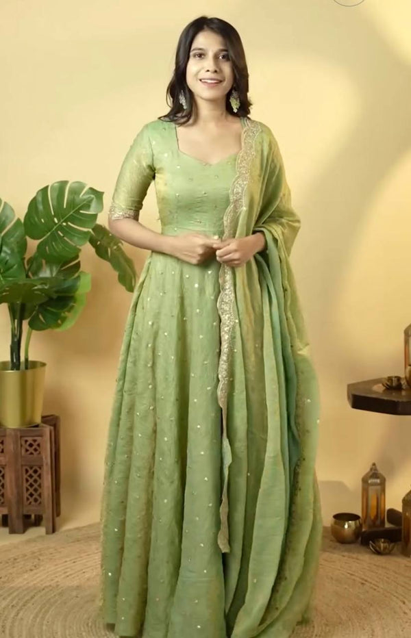 Pista Elegant Designer Party Wear Fancy Umbrella Gown Set with Dupatta & Bottom