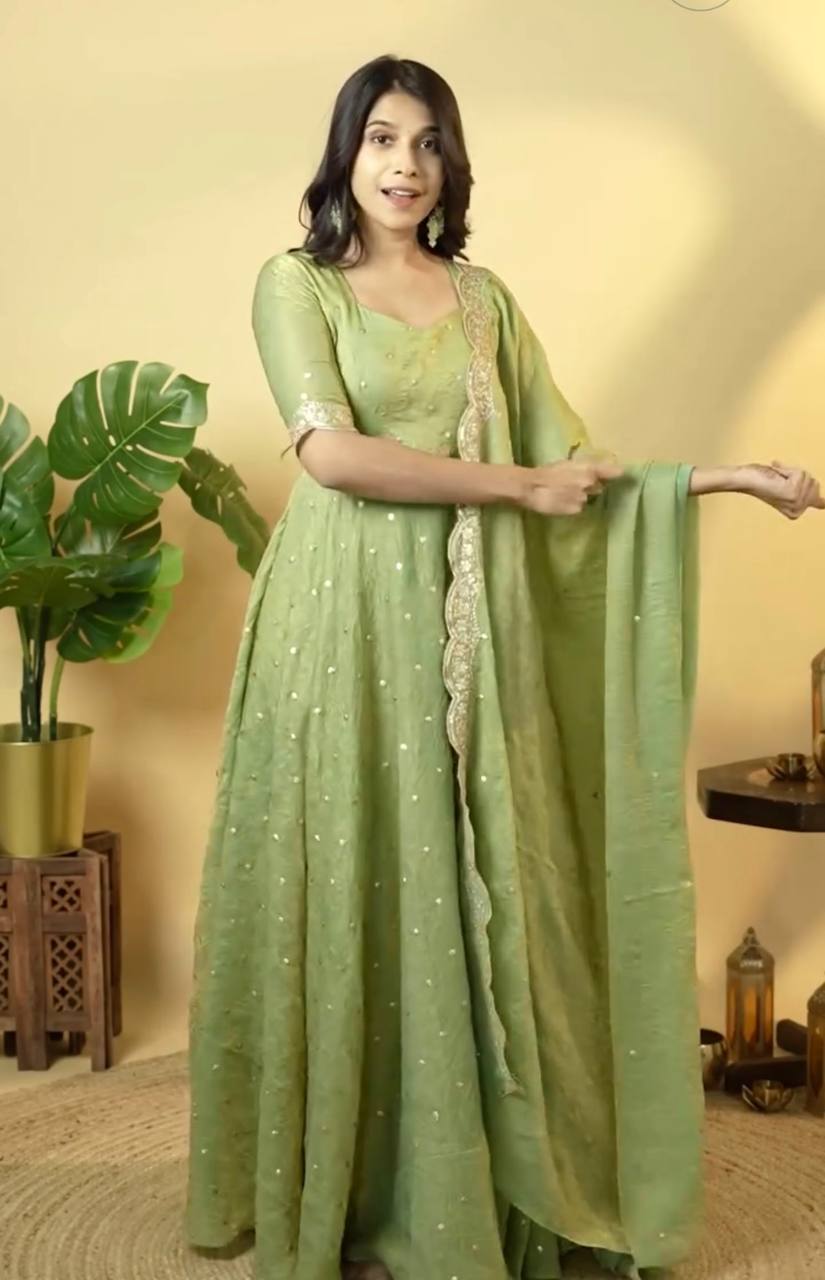 Pista Elegant Designer Party Wear Fancy Umbrella Gown Set with Dupatta & Bottom