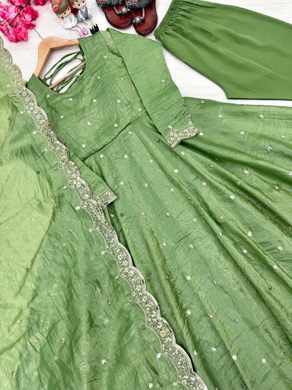 Pista Elegant Designer Party Wear Fancy Umbrella Gown Set with Dupatta & Bottom