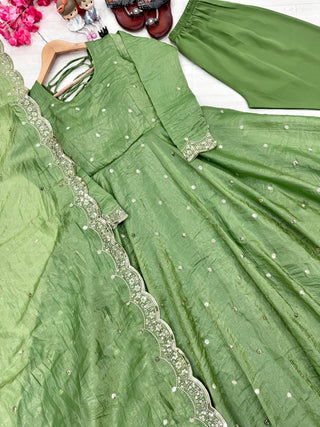 Pista Elegant Designer Party Wear Fancy Umbrella Gown Set with Dupatta & Bottom