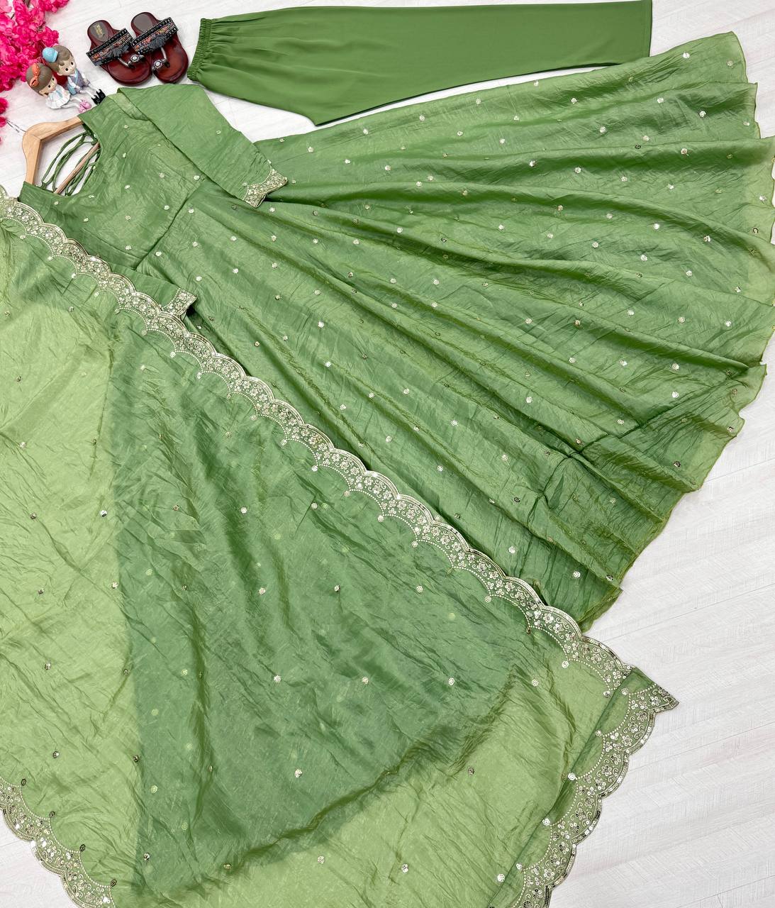 Pista Elegant Designer Party Wear Fancy Umbrella Gown Set with Dupatta & Bottom