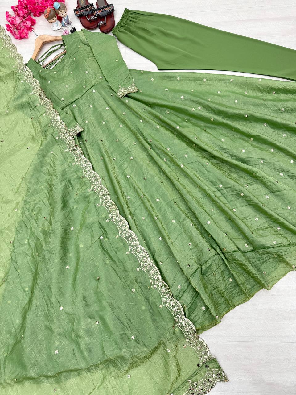 Pista Elegant Designer Party Wear Fancy Umbrella Gown Set with Dupatta & Bottom