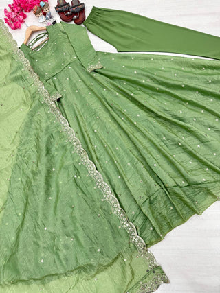 Pista Elegant Designer Party Wear Fancy Umbrella Gown Set with Dupatta & Bottom