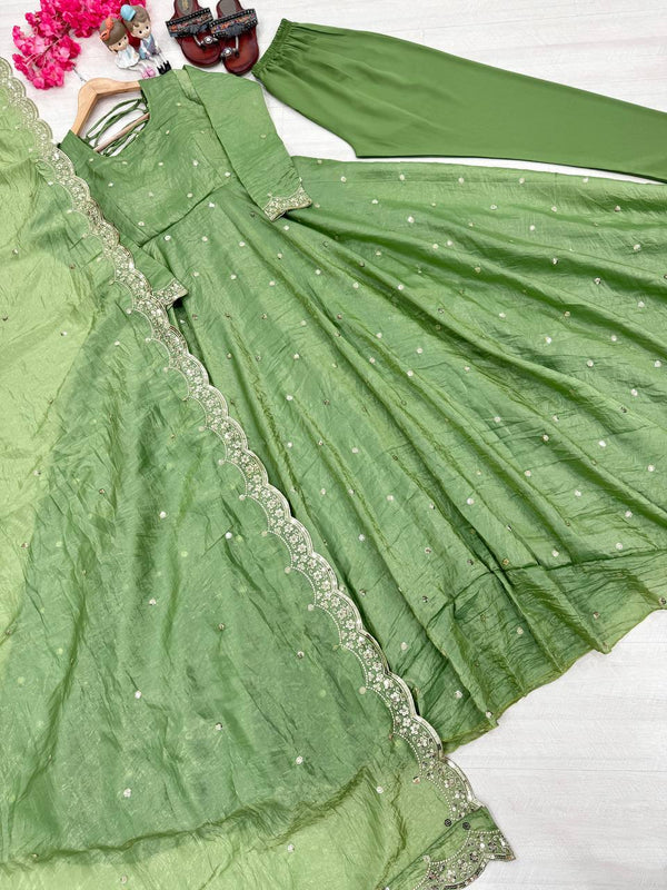 Pista Elegant Designer Party Wear Fancy Umbrella Gown Set with Dupatta & Bottom