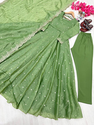 Pista Elegant Designer Party Wear Fancy Umbrella Gown Set with Dupatta & Bottom