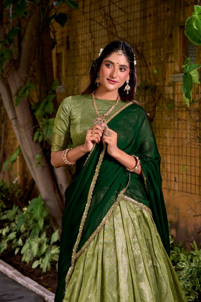 Pista Elegant Dupion Silk Stitched Lehenga with Zari Weaving Work, Unstitched Blouse & Zari Shimmer Dupatta ClothsVilla