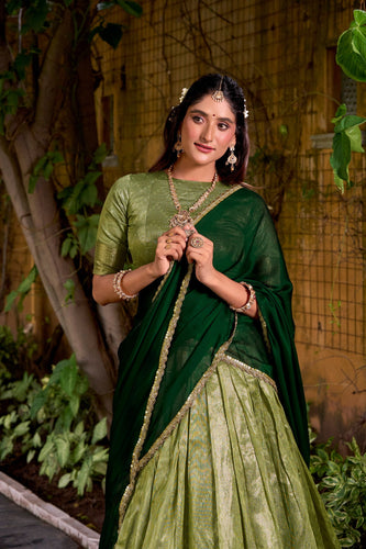 Pista Elegant Dupion Silk Stitched Lehenga with Zari Weaving Work, Unstitched Blouse & Zari Shimmer Dupatta ClothsVilla