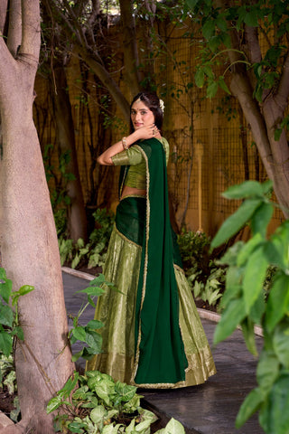 Pista Elegant Dupion Silk Stitched Lehenga with Zari Weaving Work, Unstitched Blouse & Zari Shimmer Dupatta ClothsVilla