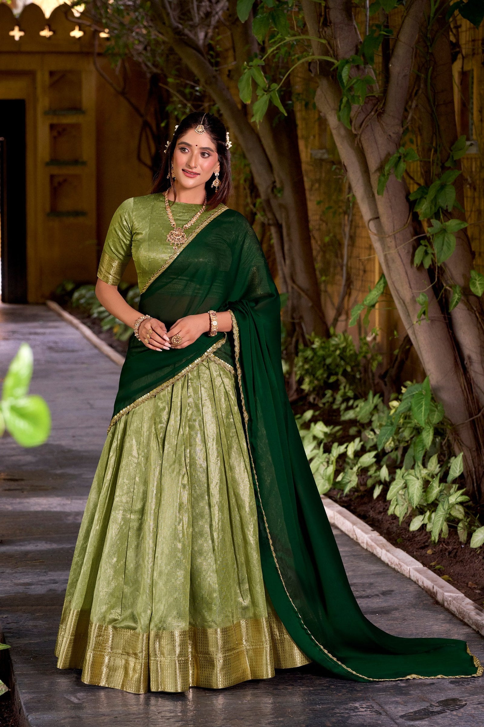 Pista Elegant Dupion Silk Stitched Lehenga with Zari Weaving Work, Unstitched Blouse & Zari Shimmer Dupatta ClothsVilla