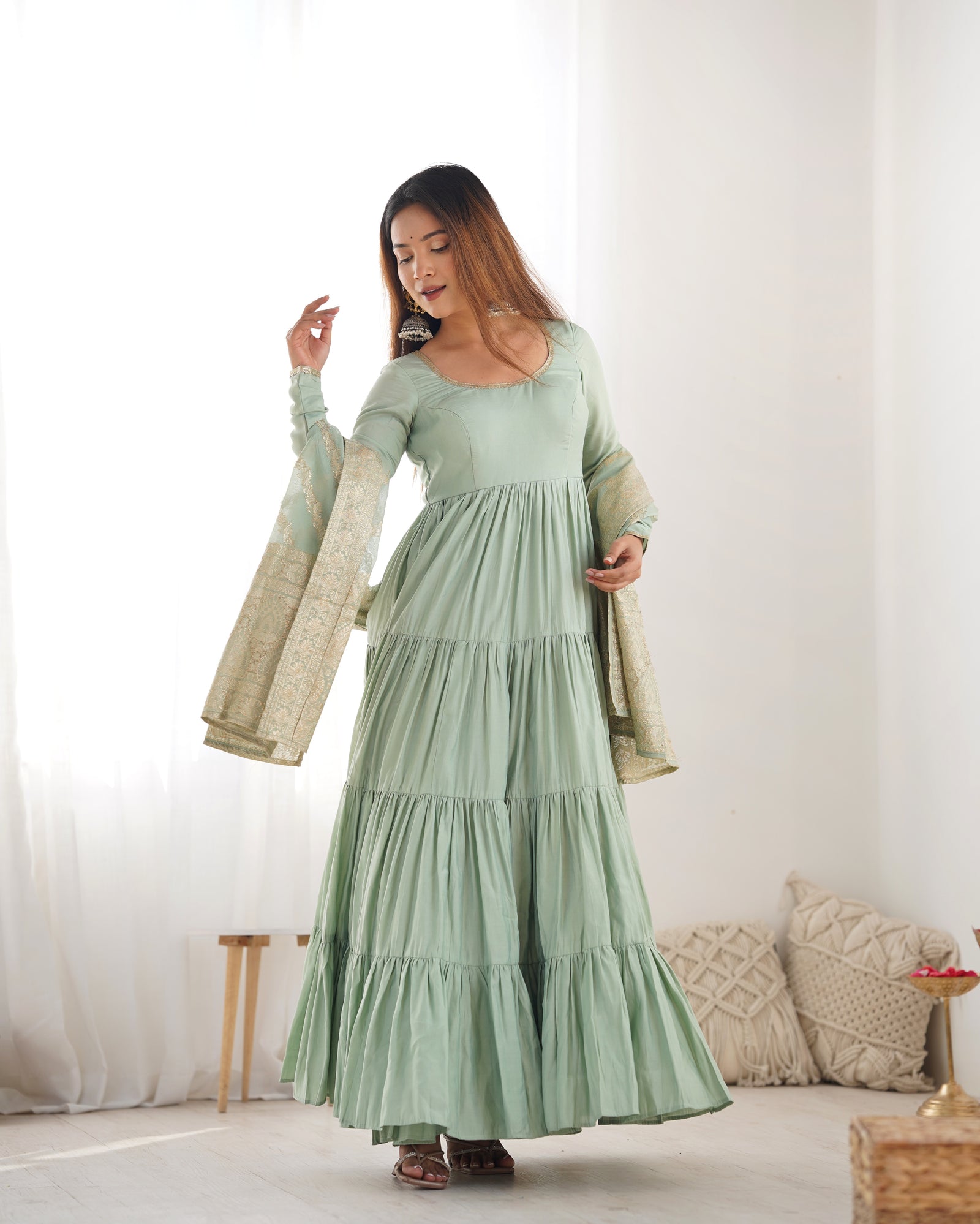 Pista Elegant Festive Pure Romansilk Chanderi Anarkali Suit with Banarasi Dupatta