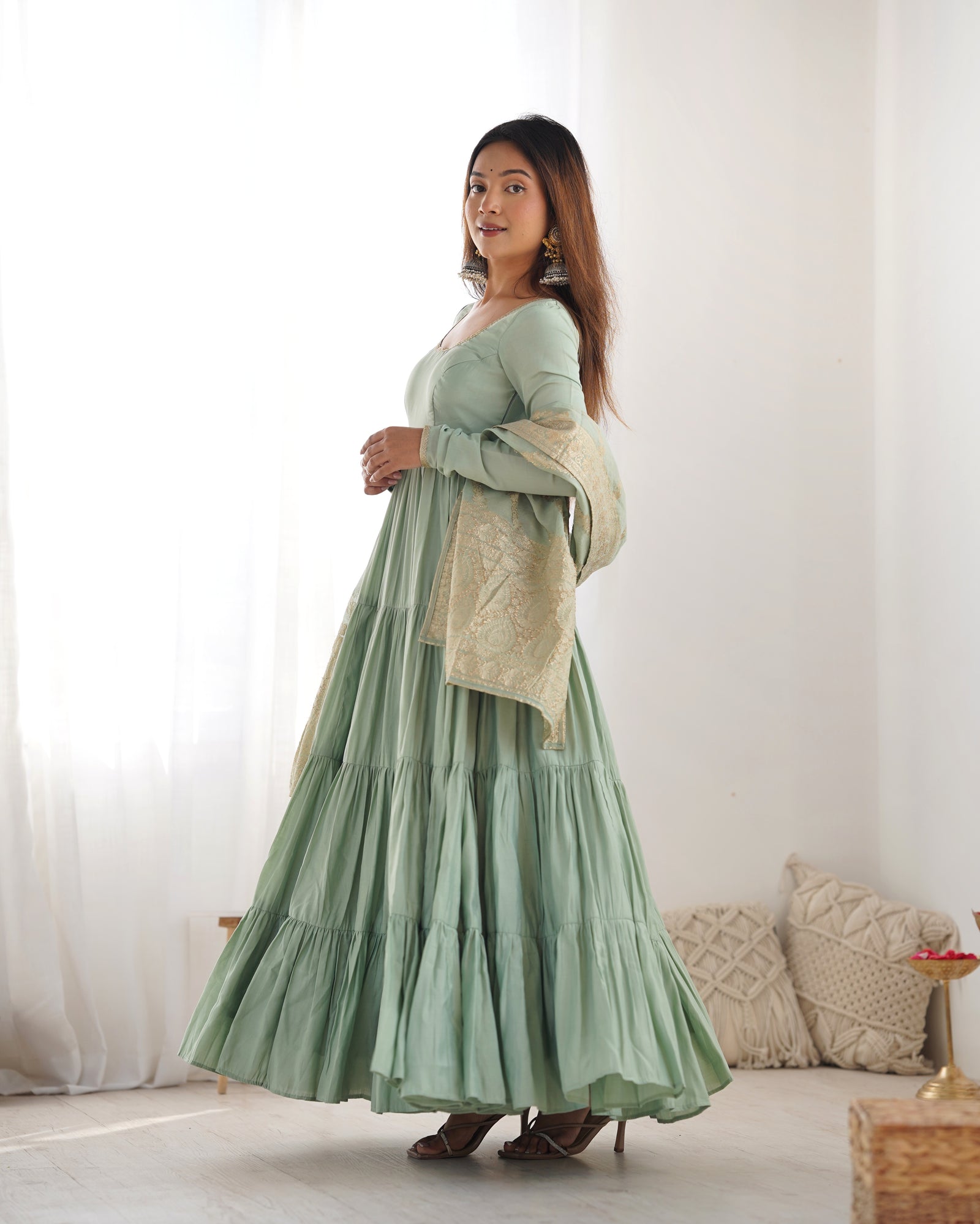 Pista Elegant Festive Pure Romansilk Chanderi Anarkali Suit with Banarasi Dupatta