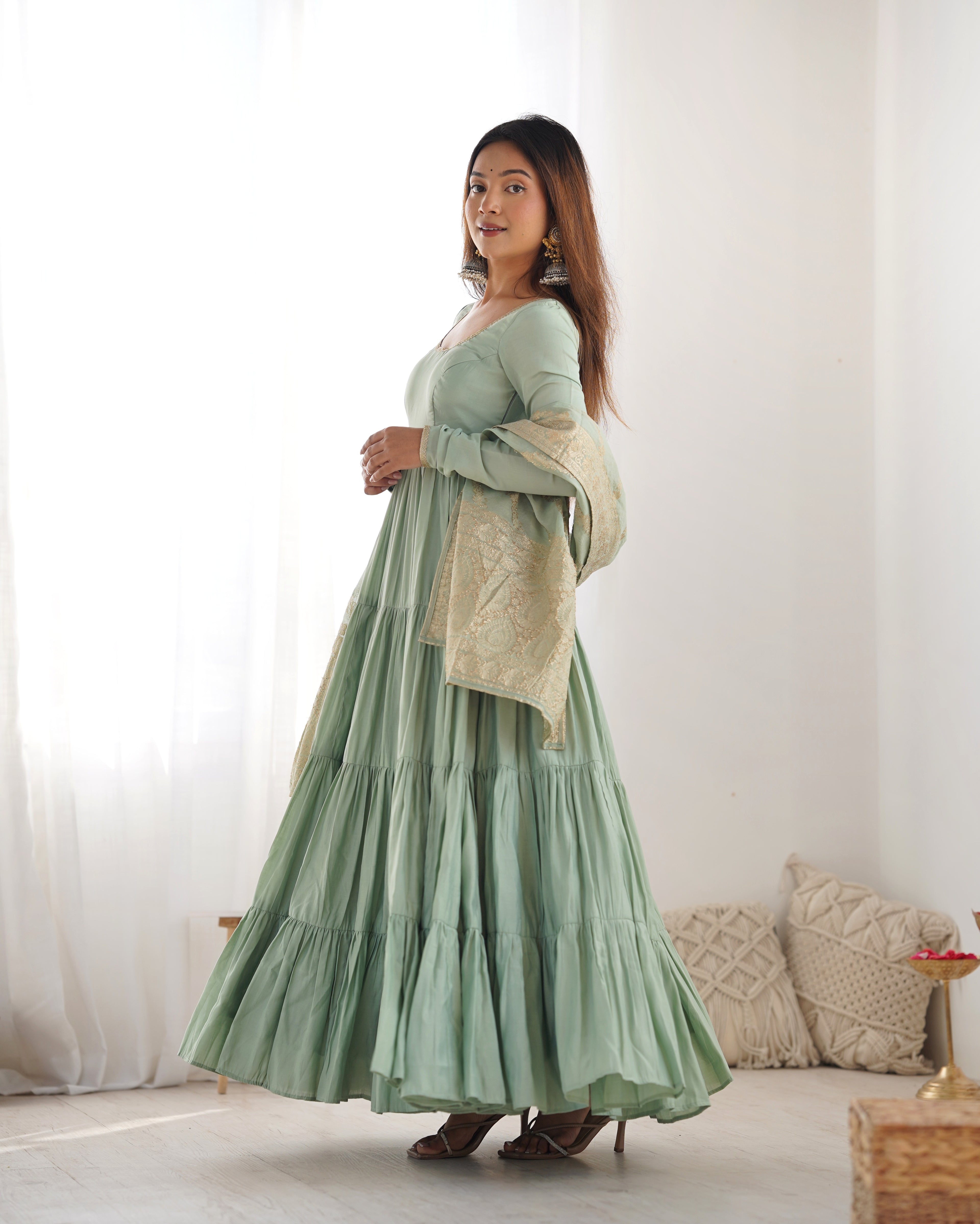Pista Elegant Festive Pure Romansilk Chanderi Anarkali Suit with Banarasi Dupatta