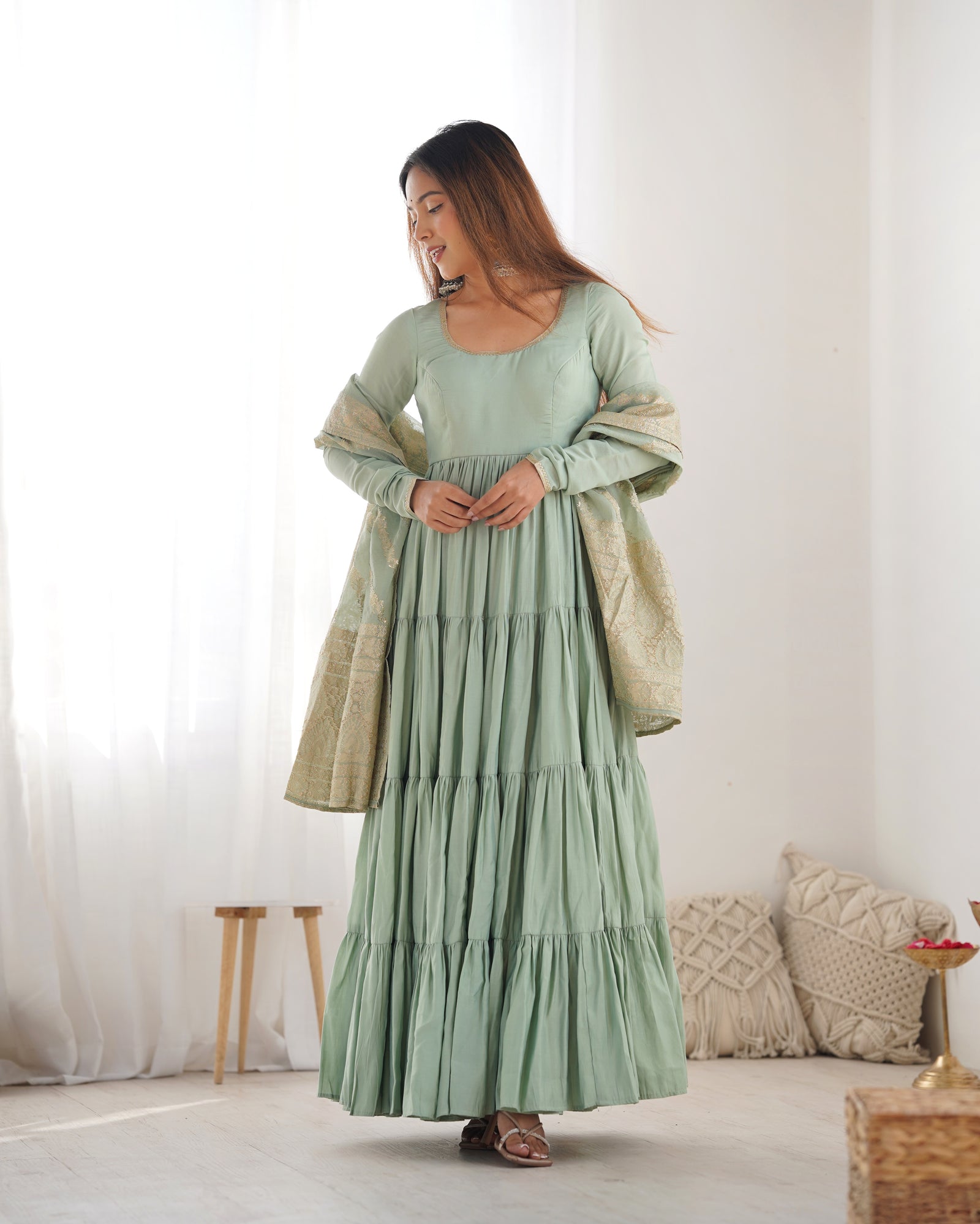 Pista Elegant Festive Pure Romansilk Chanderi Anarkali Suit with Banarasi Dupatta