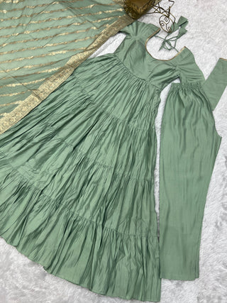 Pista Elegant Festive Pure Romansilk Chanderi Anarkali Suit with Banarasi Dupatta