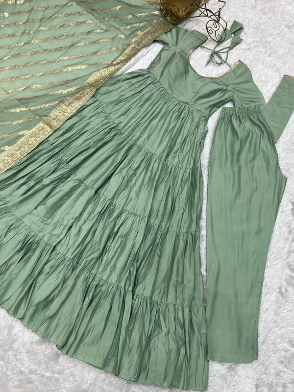 Pista Elegant Festive Pure Romansilk Chanderi Anarkali Suit with Banarasi Dupatta