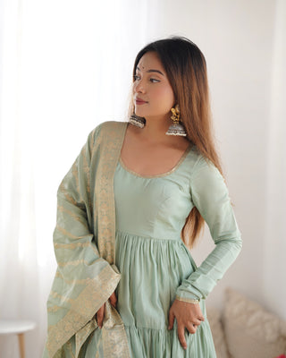 Pista Elegant Festive Pure Romansilk Chanderi Anarkali Suit with Banarasi Dupatta