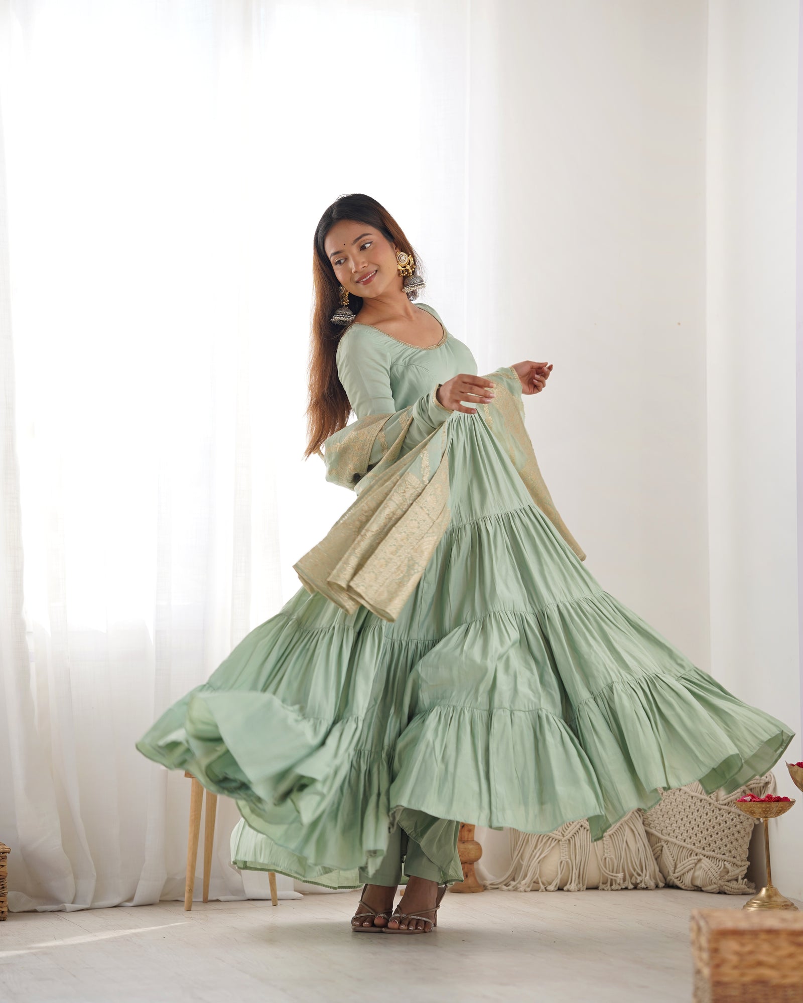 Pista Elegant Festive Pure Romansilk Chanderi Anarkali Suit with Banarasi Dupatta