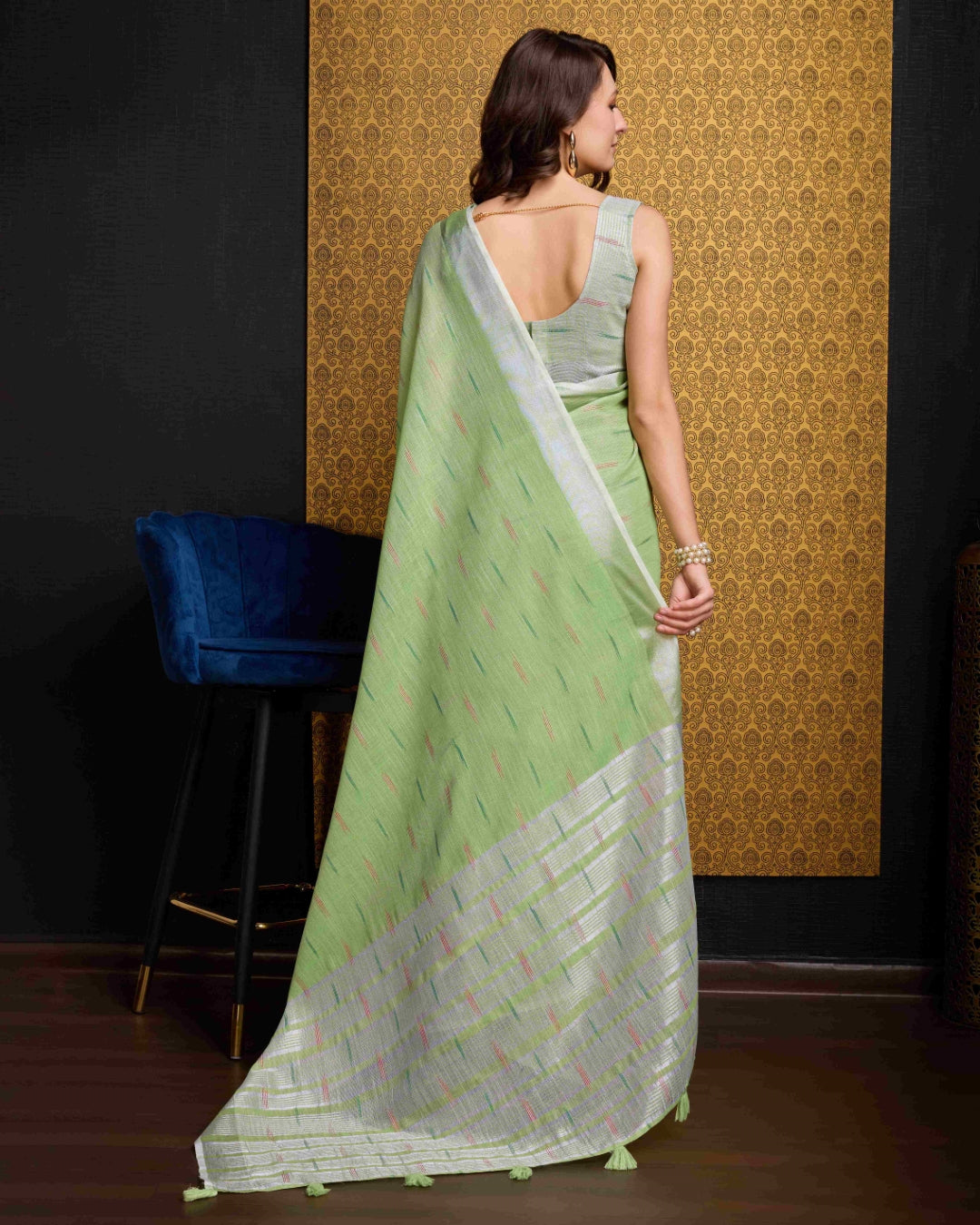 Pista Elegant & Gold-Toned Ikat Woven Saree with Zari Border ClothsVilla
