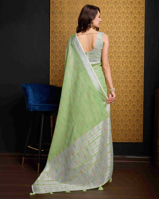 Pista Elegant & Gold-Toned Ikat Woven Saree with Zari Border ClothsVilla