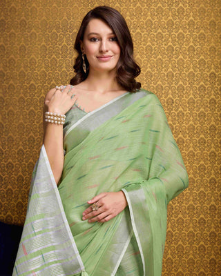 Pista Elegant & Gold-Toned Ikat Woven Saree with Zari Border ClothsVilla