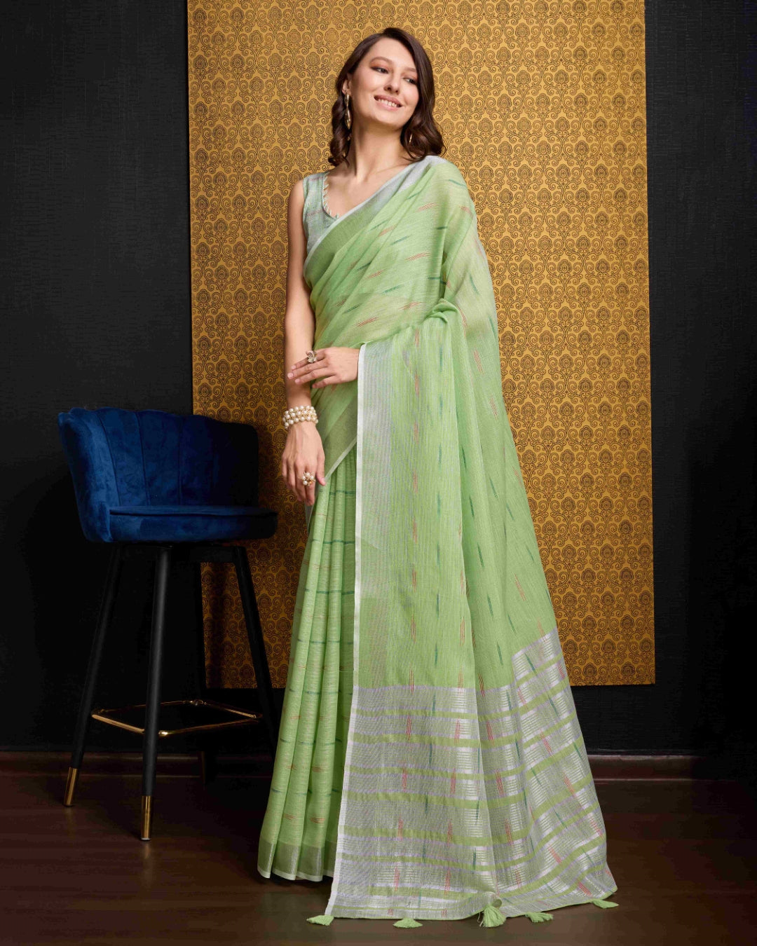Pista Elegant & Gold-Toned Ikat Woven Saree with Zari Border ClothsVilla