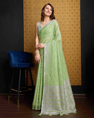 Pista Elegant & Gold-Toned Ikat Woven Saree with Zari Border ClothsVilla