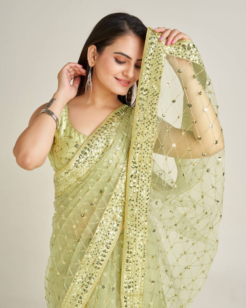 Pista Elegant Net Saree with Sequins & Dori Work and Banglori Silk Blouse ClothsVilla