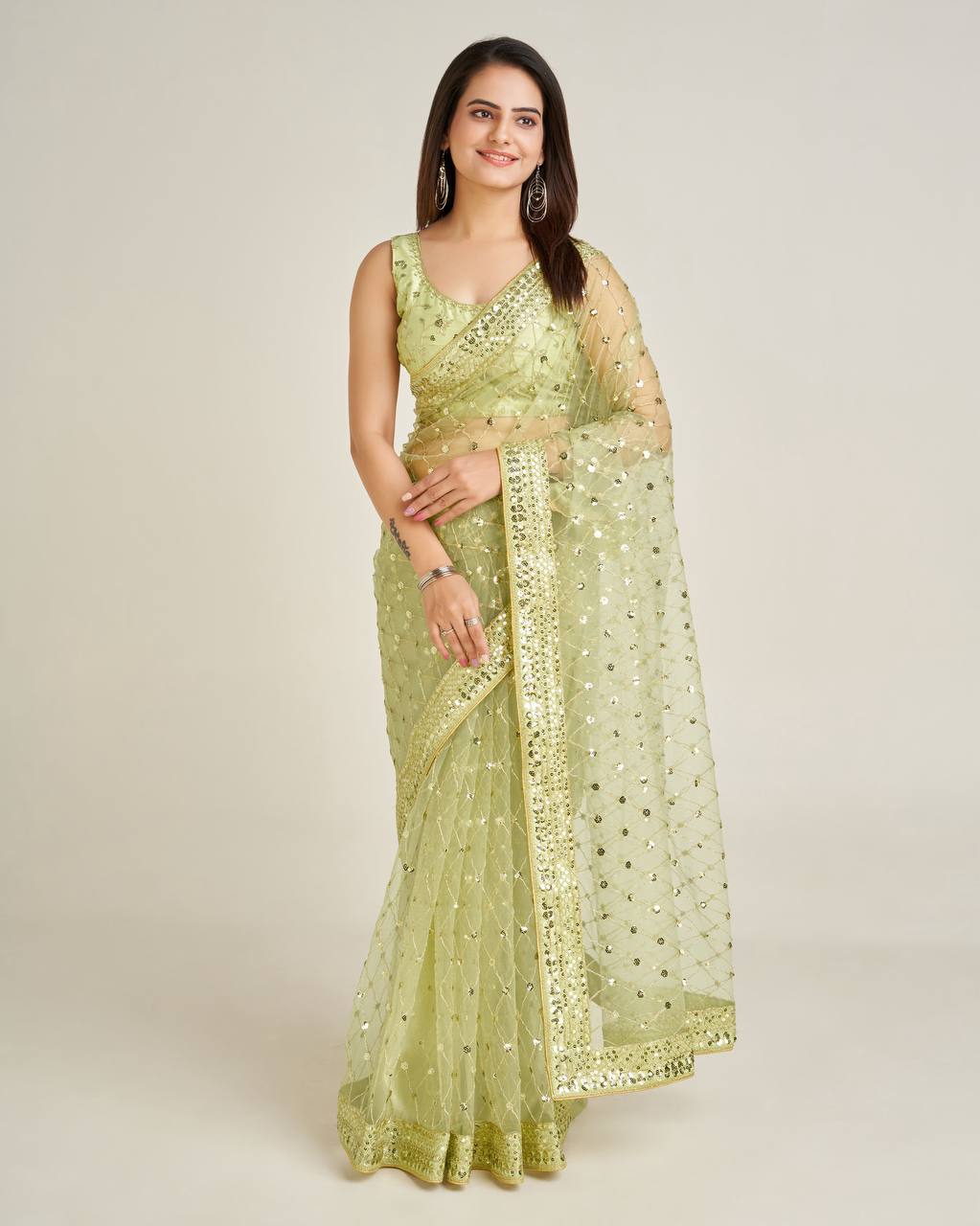 Pista Elegant Net Saree with Sequins & Dori Work and Banglori Silk Blouse ClothsVilla