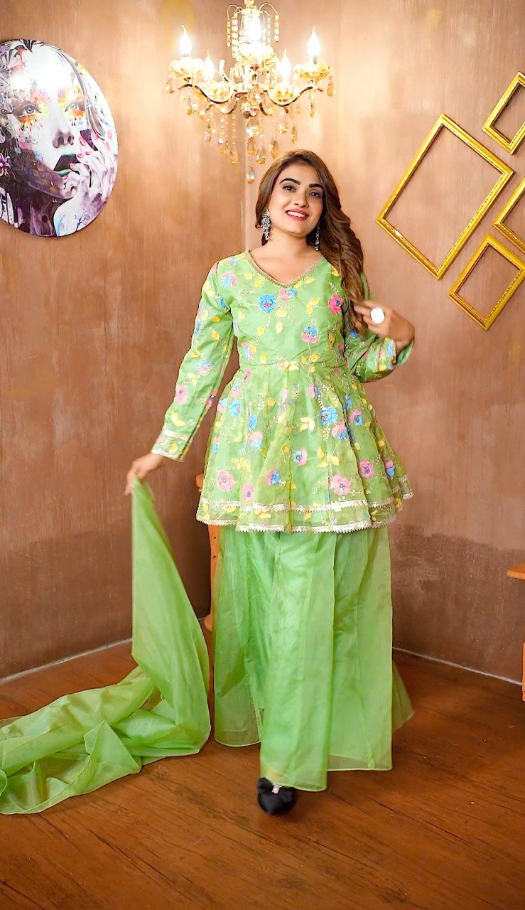 Pista Green Elegant Organza Top with Sequins, Handprint & Zari, Paired with Fully Stitched Organza Palazzo and Dupatta – Ready to Wear Ethnic Set ClothsVilla Main image