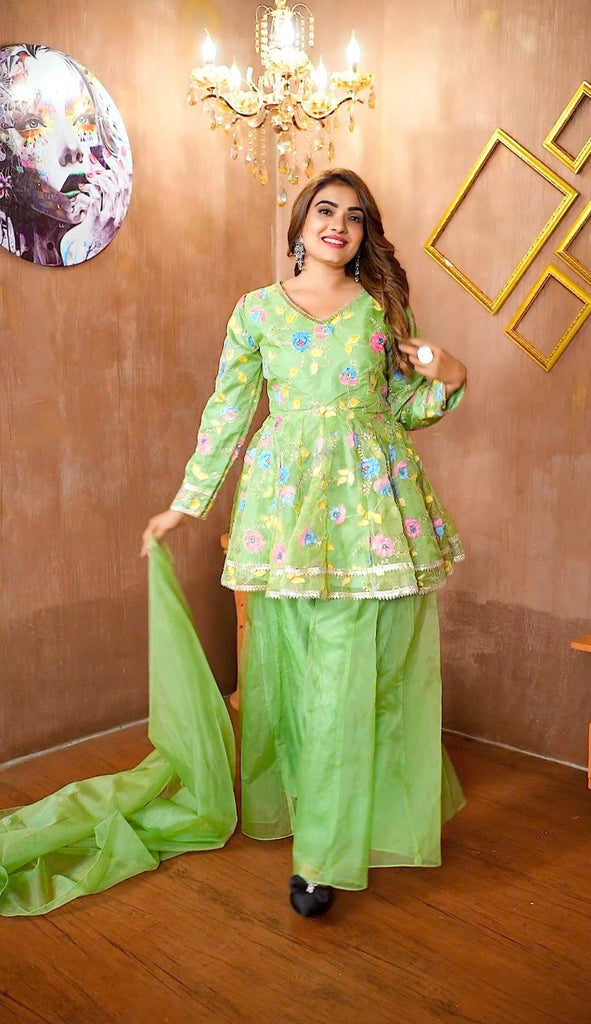 Pista Green Elegant Organza Top with Sequins, Handprint & Zari, Paired with Fully Stitched Organza Palazzo and Dupatta – Ready to Wear Ethnic Set ClothsVilla