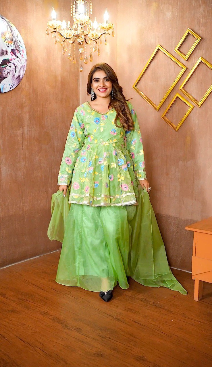 Pista Green Elegant Organza Top with Sequins, Handprint & Zari, Paired with Fully Stitched Organza Palazzo and Dupatta – Ready to Wear Ethnic Set Secondary image