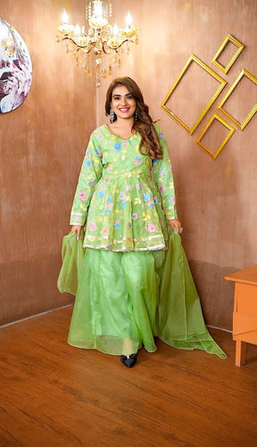 Pista Green Elegant Organza Top with Sequins, Handprint & Zari, Paired with Fully Stitched Organza Palazzo and Dupatta – Ready to Wear Ethnic Set ClothsVilla