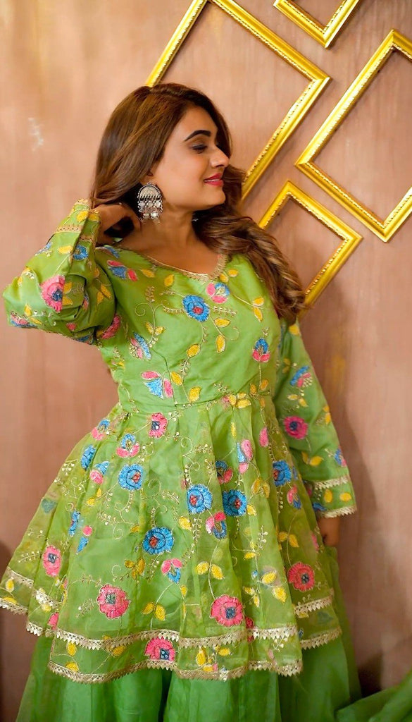 Pista Green Elegant Organza Top with Sequins, Handprint & Zari, Paired with Fully Stitched Organza Palazzo and Dupatta – Ready to Wear Ethnic Set ClothsVilla