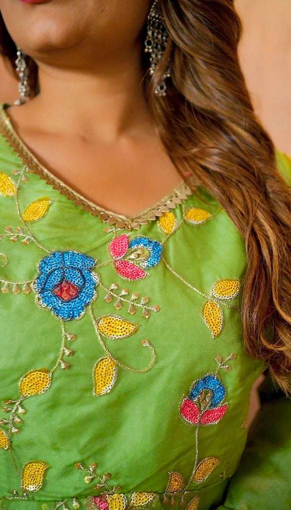 Pista Green Elegant Organza Top with Sequins, Handprint & Zari, Paired with Fully Stitched Organza Palazzo and Dupatta – Ready to Wear Ethnic Set ClothsVilla