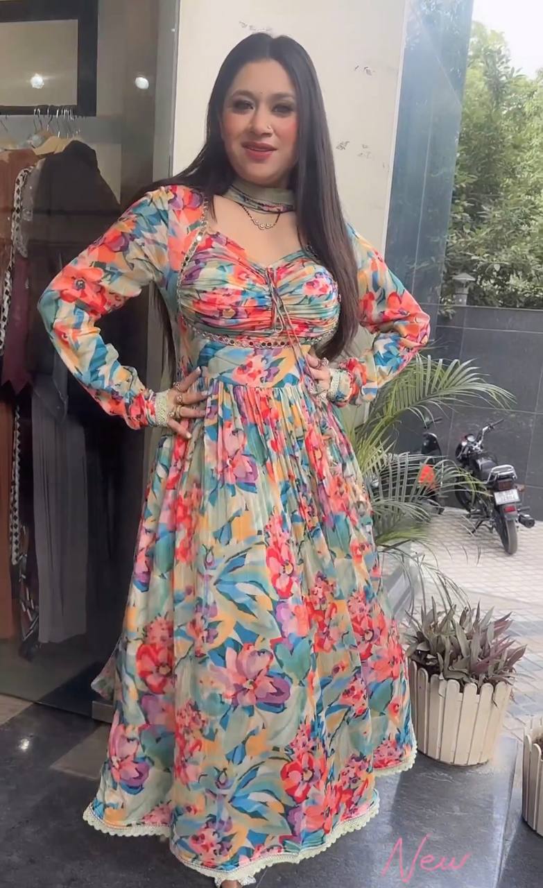 Pista Elegant Padded Naira Cut Chinon Silk Printed Dress with Dupatta – Perfect for Festive and Party Wear Clothsvilla