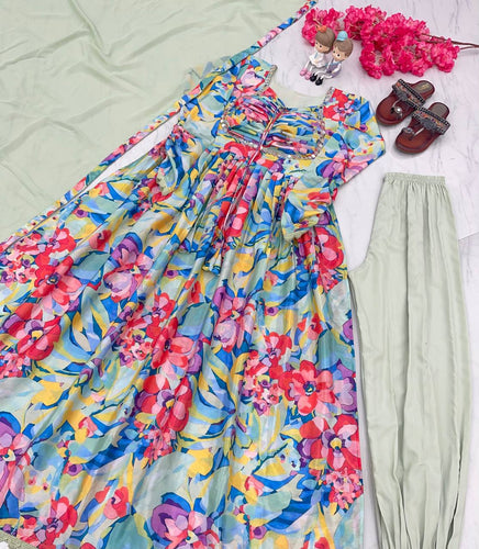 Pista Elegant Padded Naira Cut Chinon Silk Printed Dress with Dupatta – Perfect for Festive and Party Wear Clothsvilla