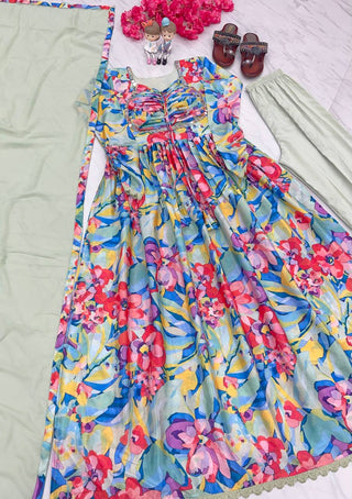Pista Elegant Padded Naira Cut Chinon Silk Printed Dress with Dupatta – Perfect for Festive and Party Wear Clothsvilla