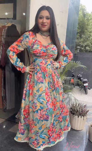 Pista Elegant Padded Naira Cut Chinon Silk Printed Dress with Dupatta – Perfect for Festive and Party Wear Clothsvilla