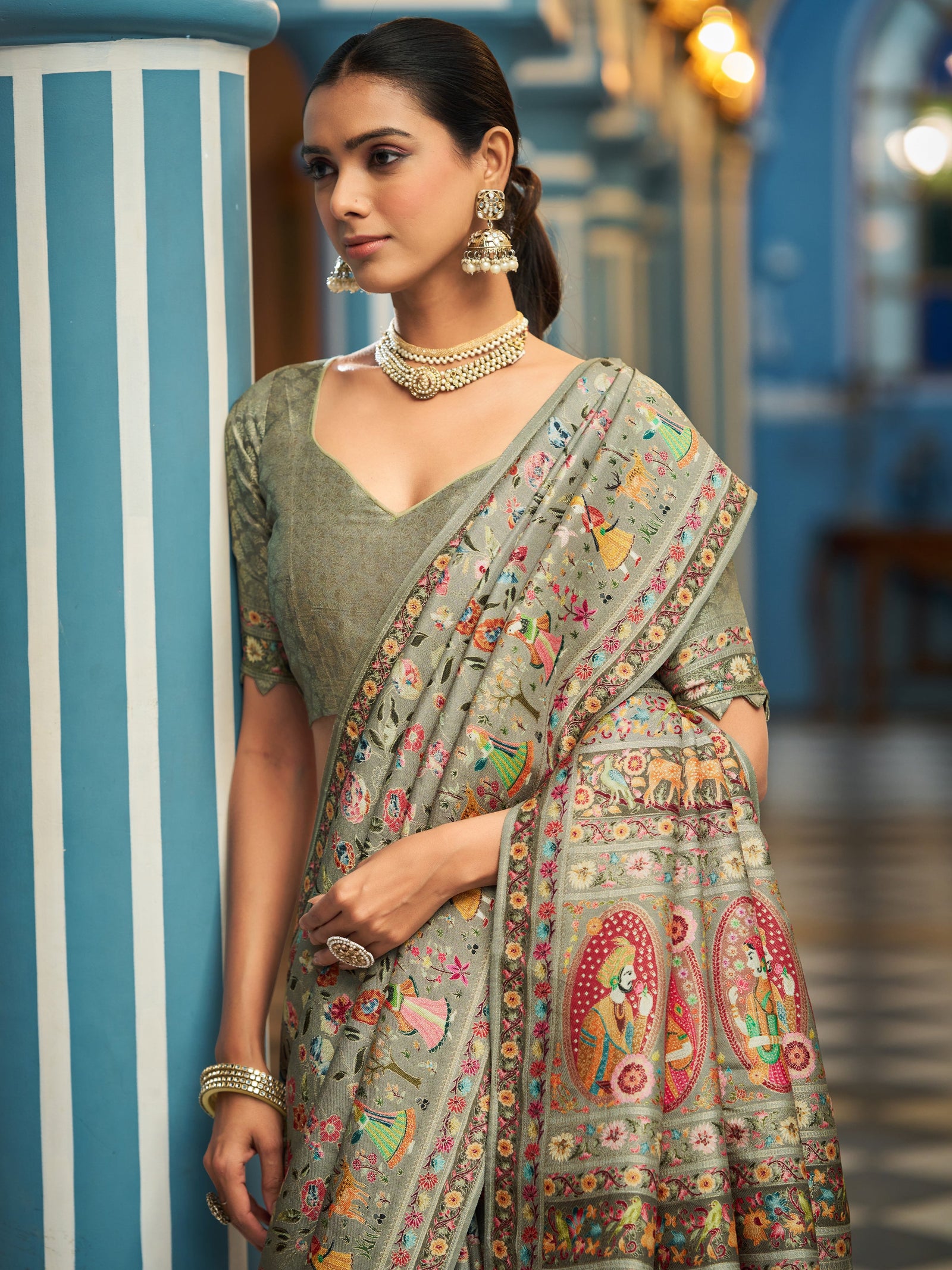 Pista Elegant Pashmina Kashmiri Jacquard Saree with Kalamkari & Meenakari Weaving ClothsVilla