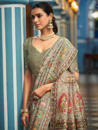 Pista Elegant Pashmina Kashmiri Jacquard Saree with Kalamkari & Meenakari Weaving ClothsVilla
