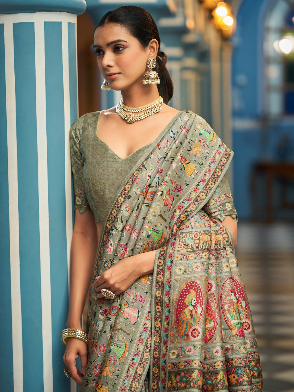 Pista Elegant Pashmina Kashmiri Jacquard Saree with Kalamkari & Meenakari Weaving ClothsVilla