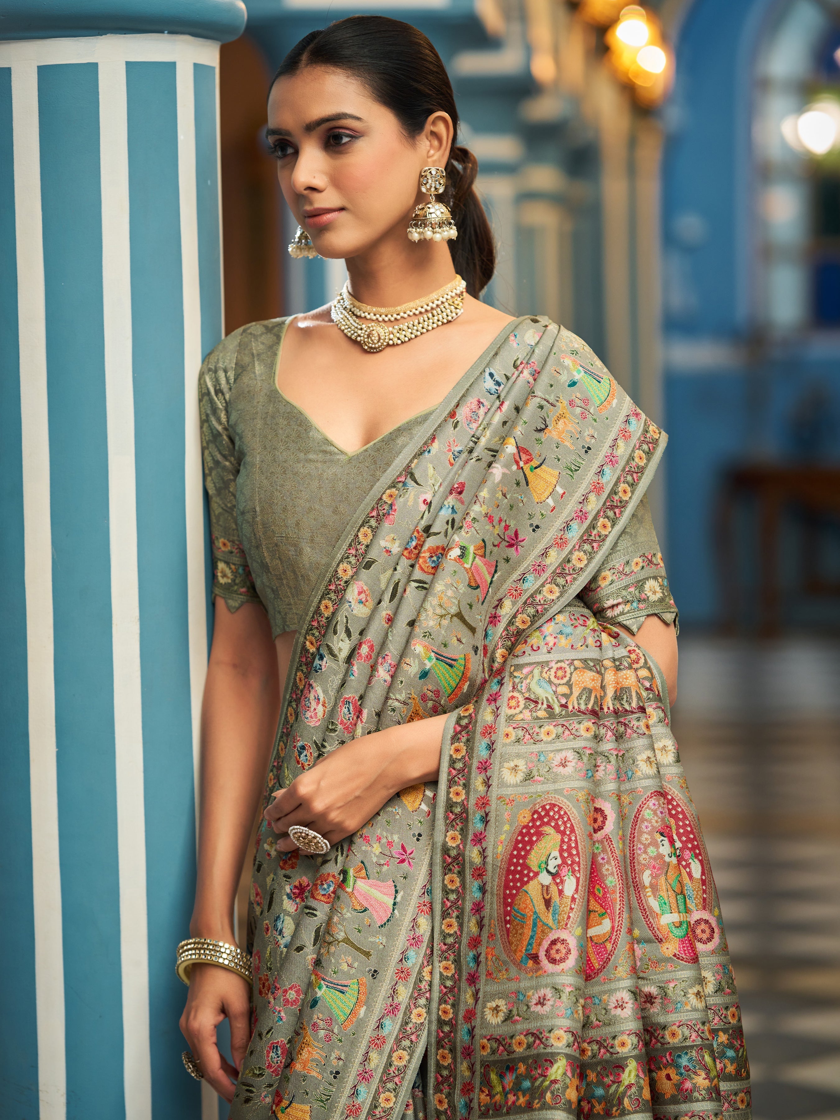 Pista Elegant Pashmina Kashmiri Jacquard Saree with Kalamkari & Meenakari Weaving ClothsVilla
