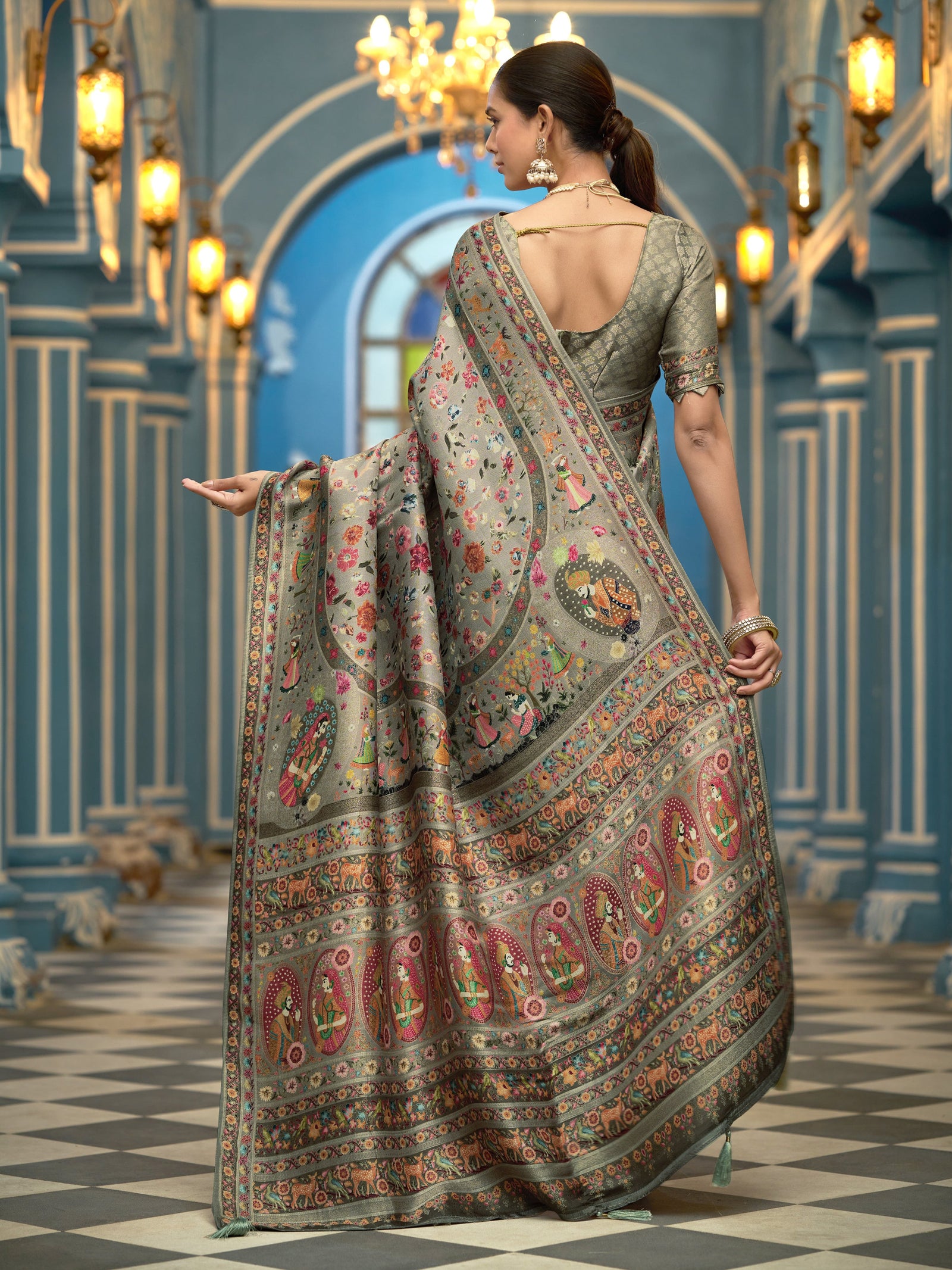 Pista Elegant Pashmina Kashmiri Jacquard Saree with Kalamkari & Meenakari Weaving ClothsVilla